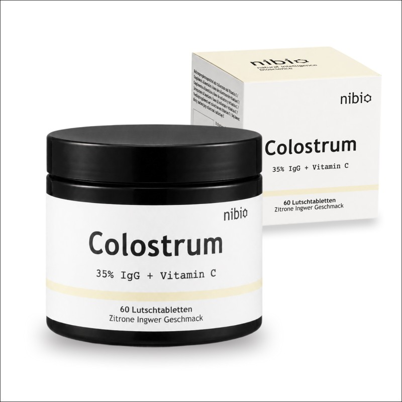 nibio Colostrum 35 % IgG + Vitamin C Lutschtabletten – Dose und Verpackung