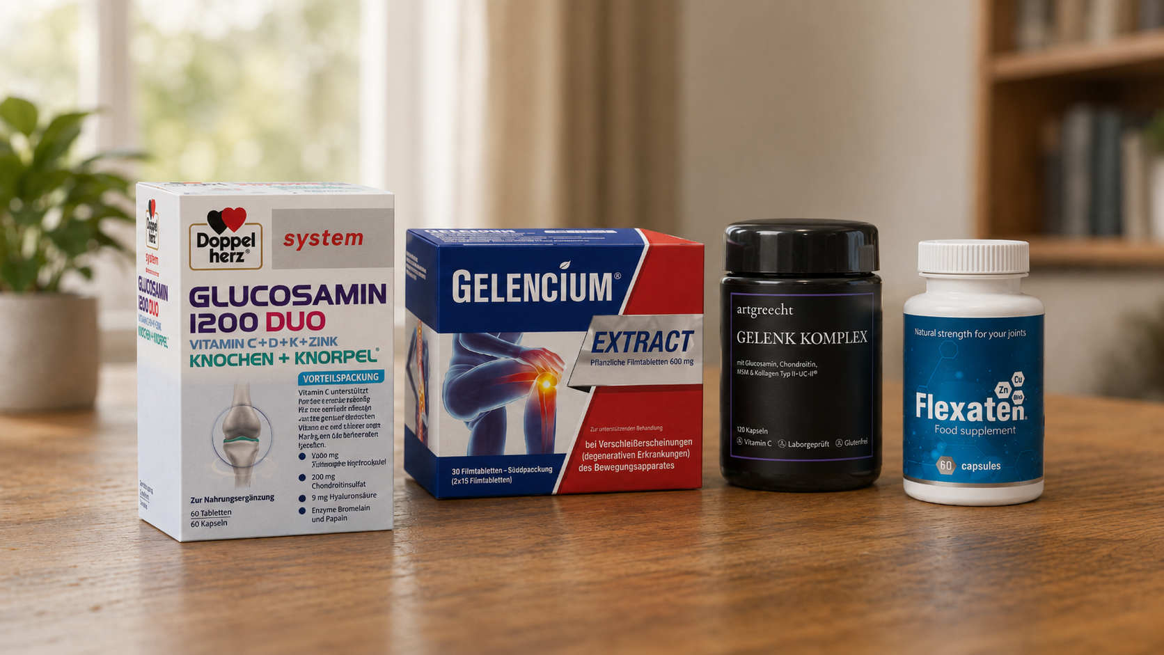 Gelenk-Präparate im Vergleich: Doppelherz, Gelencium, artgerecht Gelenk-Komplex und Flexaten