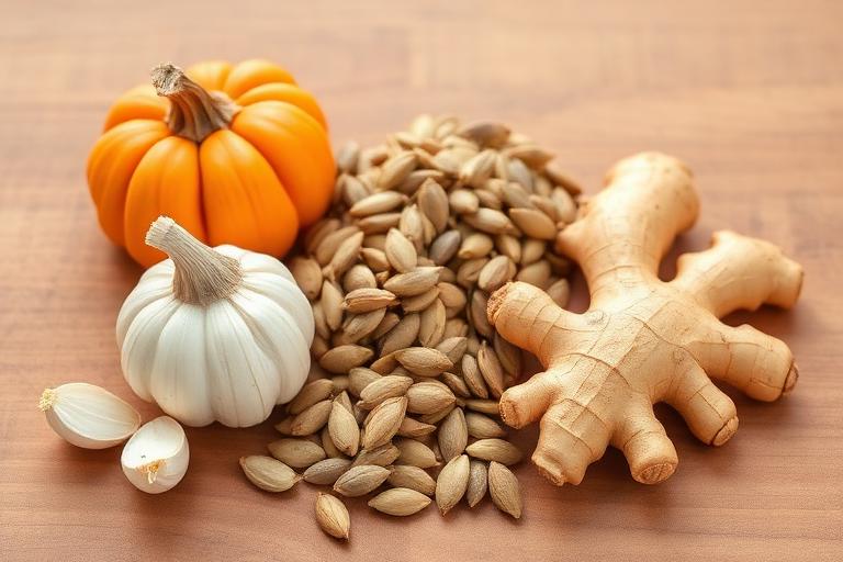 Natürliche antiparasitische Lebensmittel: Knoblauch, Kürbiskerne, Papayakerne und Ingwer