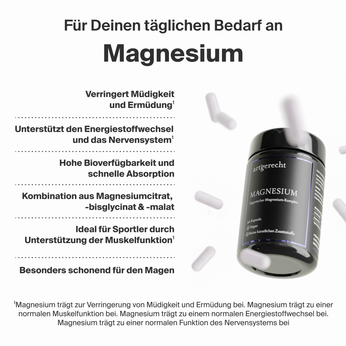 artgerecht Organischer Magnesium-Komplex – Magnesiumcitrat, Bisglycinat & Malat, 90 Kapseln