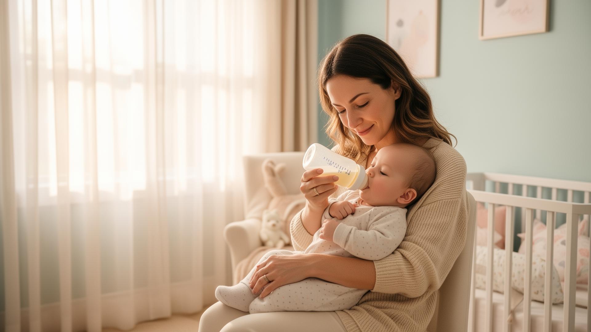 Mutter füttert ihr Baby mit Premium-Säuglingsnahrung