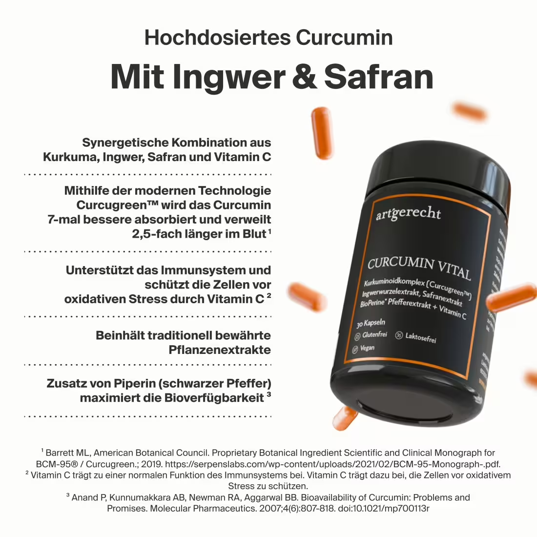 Hochdosiertes Curcumin mit Ingwer und Safran - Synergistische Kombination aus Kurkuma, Ingwer, Safran und Vitamin C mit Curcugreen Technologie für 7-mal bessere Absorption