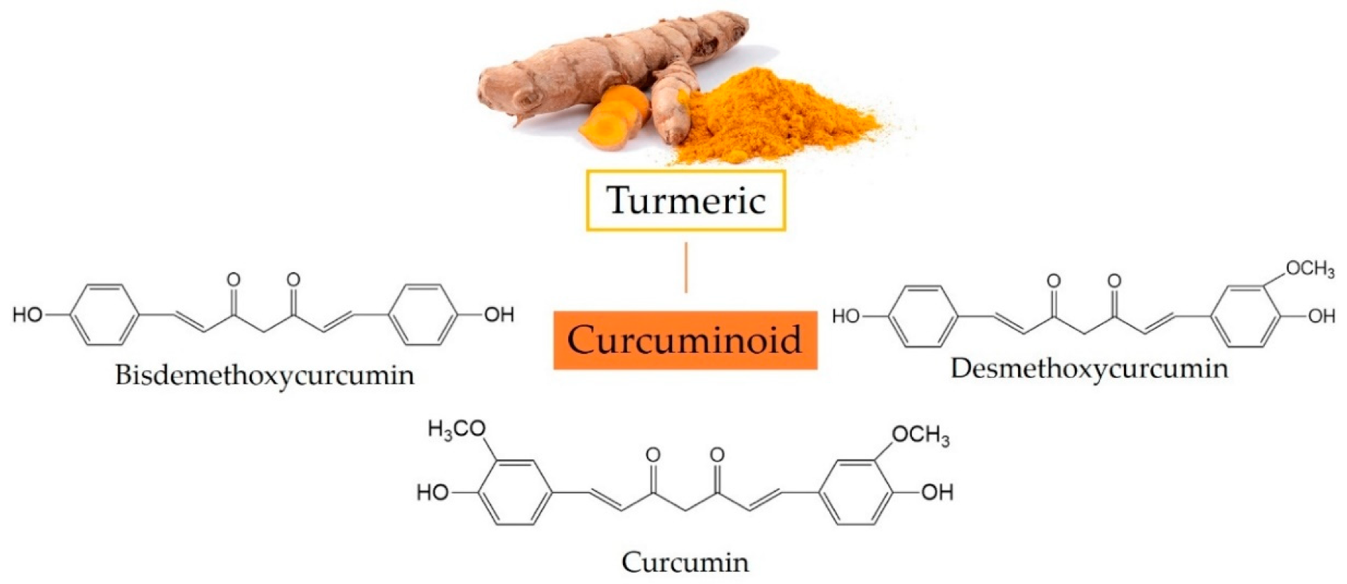 Chemische Struktur von Curcuminoiden: Bisdemethoxycurcumin, Curcumin und Desmethoxycurcumin