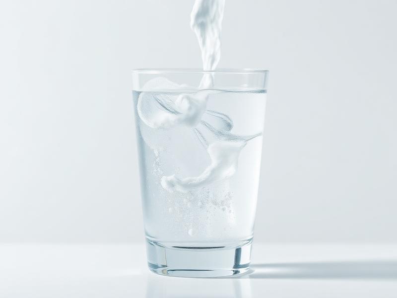 Weißes Elektrolytpulver löst sich in einem Glas Wasser auf