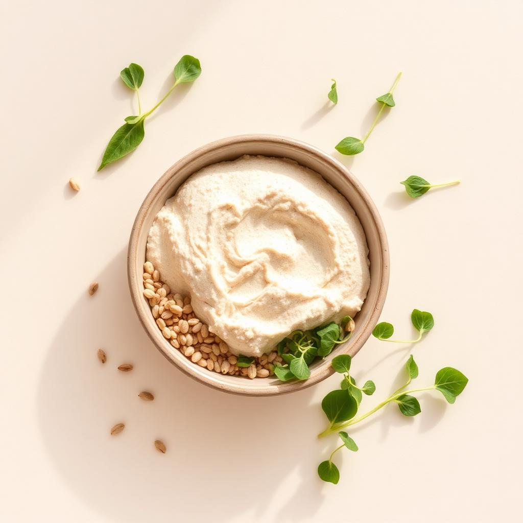 Schale mit fermentiertem pflanzlichem Proteinpulver, gekeimtem Getreide und frischen Kräutern