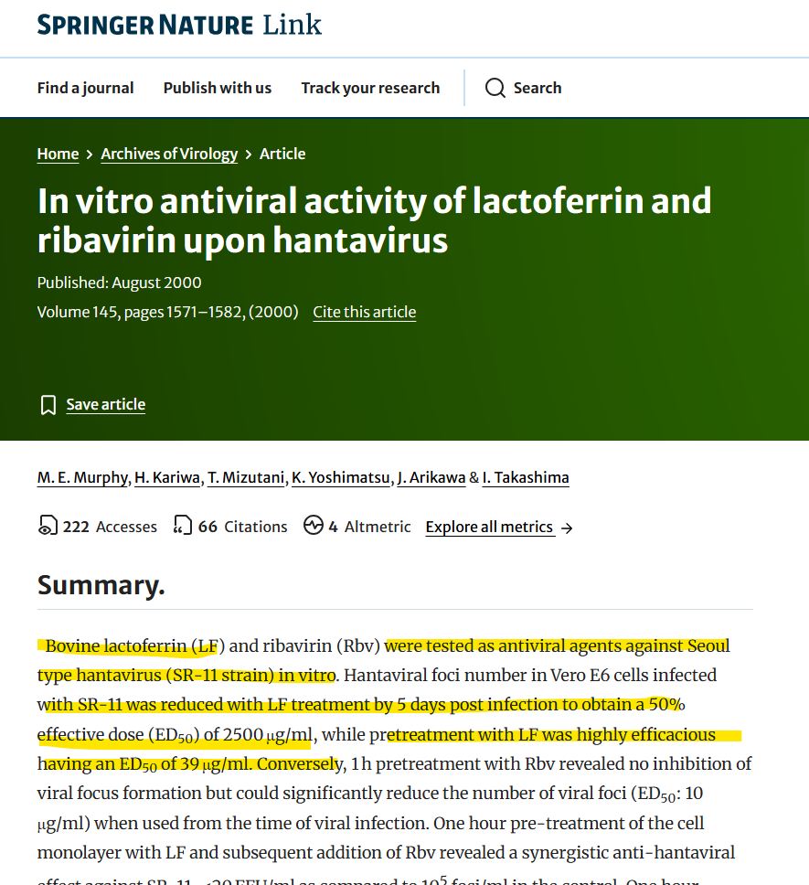 Springer Nature Studie: In vitro antiviral activity of lactoferrin and ribavirin upon hantavirus, Archives of Virology 2000