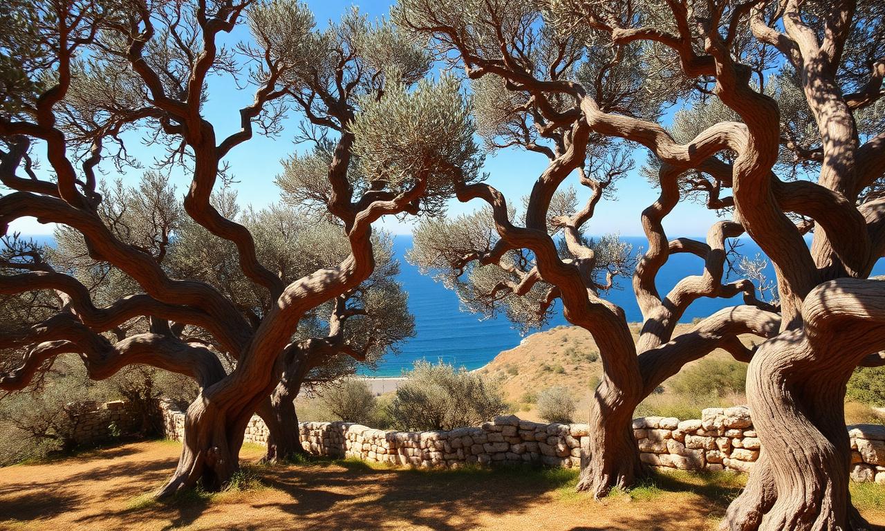 Jahrhundertealte Olivenbäume auf der Blue-Zone-Insel Ikaria mit Blick auf das Ägäische Meer