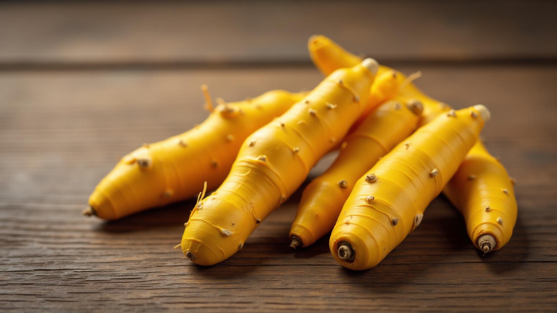 Frische Kurkumawurzeln (Curcuma longa) - goldgelbe Wurzeln auf Holzoberfläche