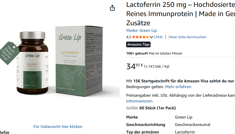 Green Lip Lactoferrin 250 mg - Amazons Tipp