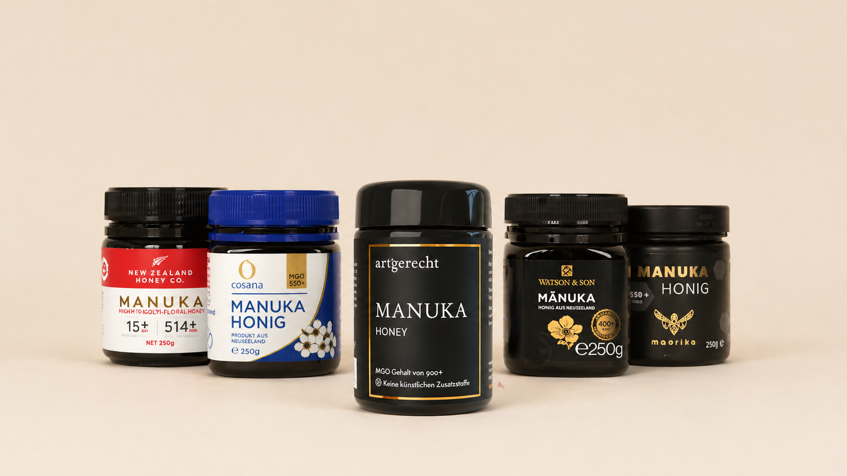 Manuka Honig Testprodukte im Vergleich: artgerecht, New Zealand Honey Co., Cosana, Watson & Son, Maorika