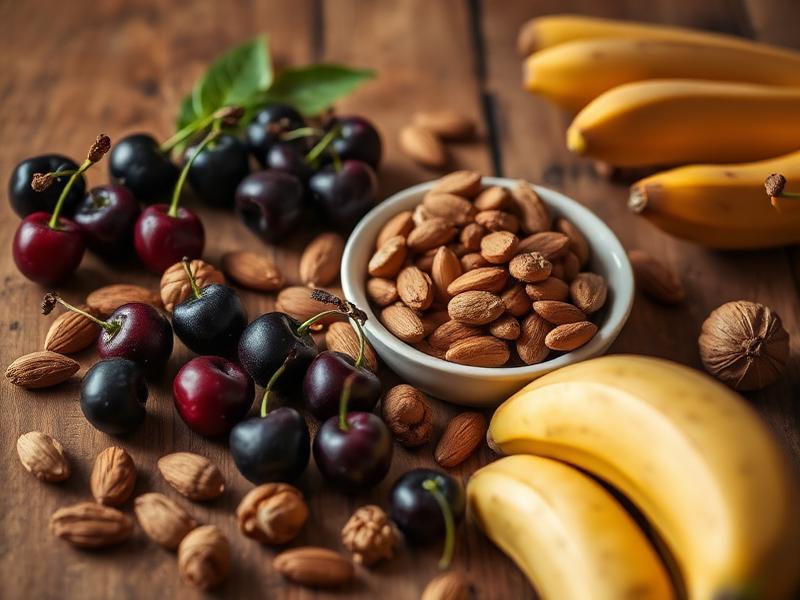 Natürliche melatoninreiche Lebensmittel wie Kirschen, Mandeln und Walnüsse