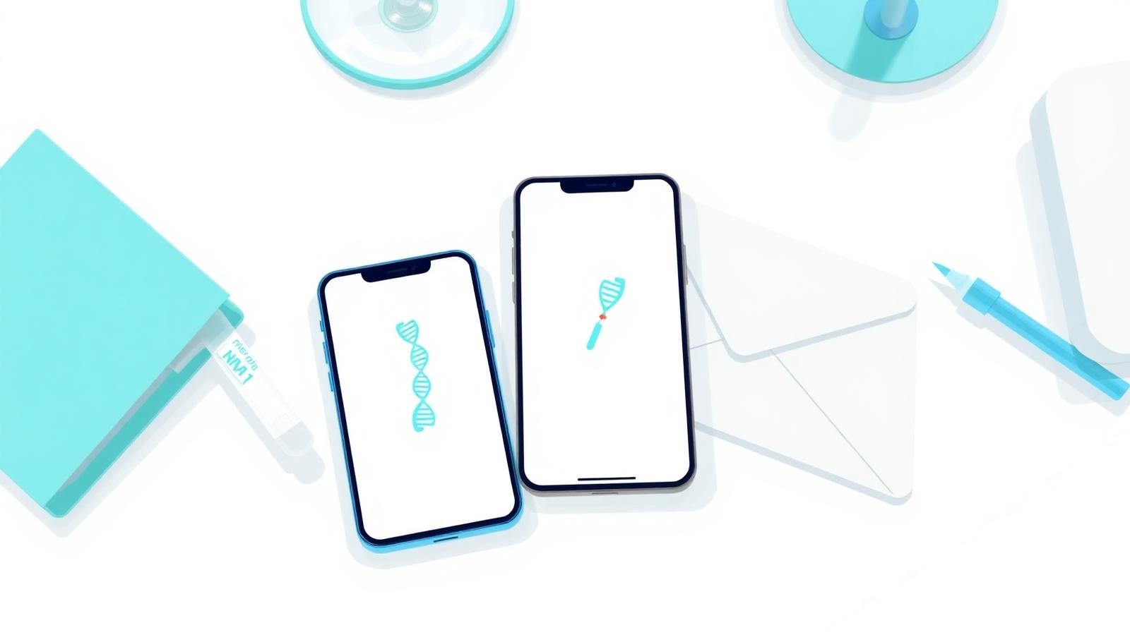 Illustration eines microRNA-Heimtests: Speichelröhrchen, Smartphone-App und Laborumschlag