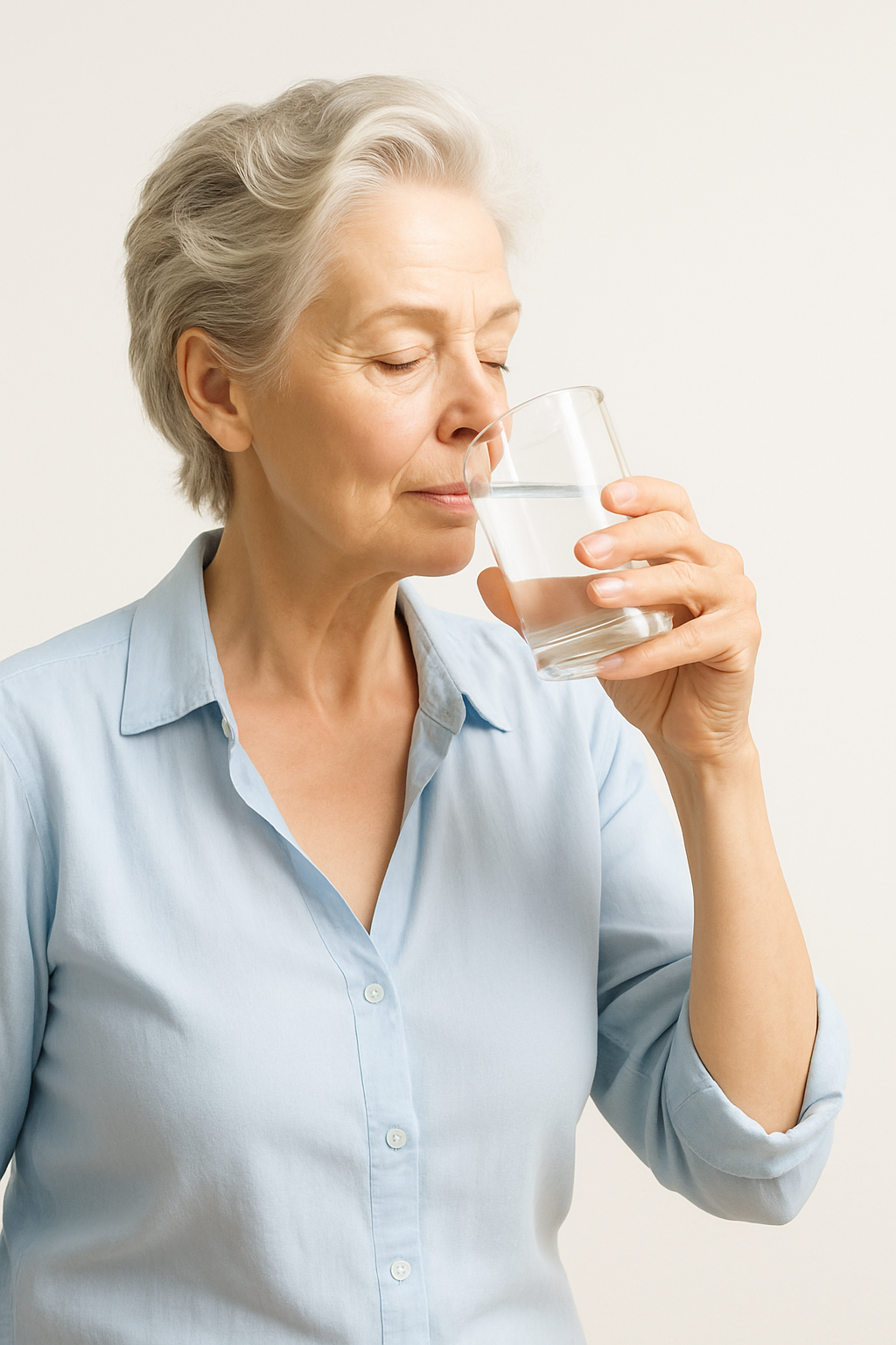 Ältere Frau trinkt Wasser zum Hitzeschutz